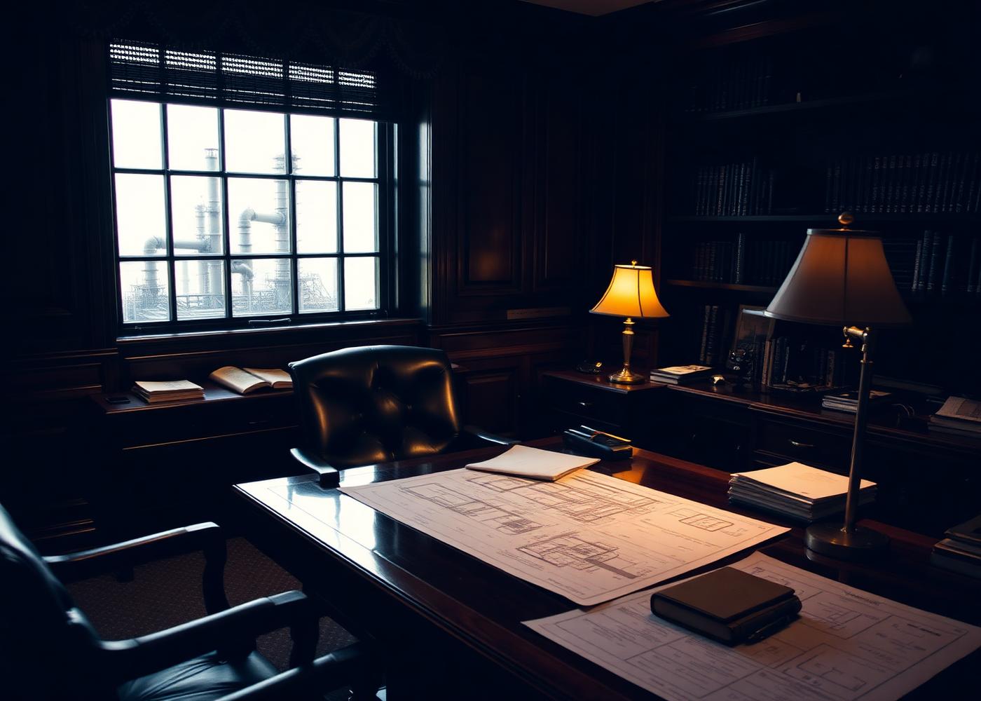 Engineering study with refinery blueprints in a senior principal's office