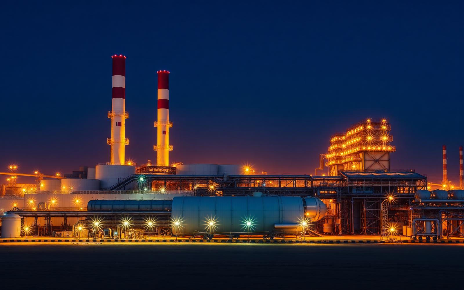 Industrial power generation plant at dusk