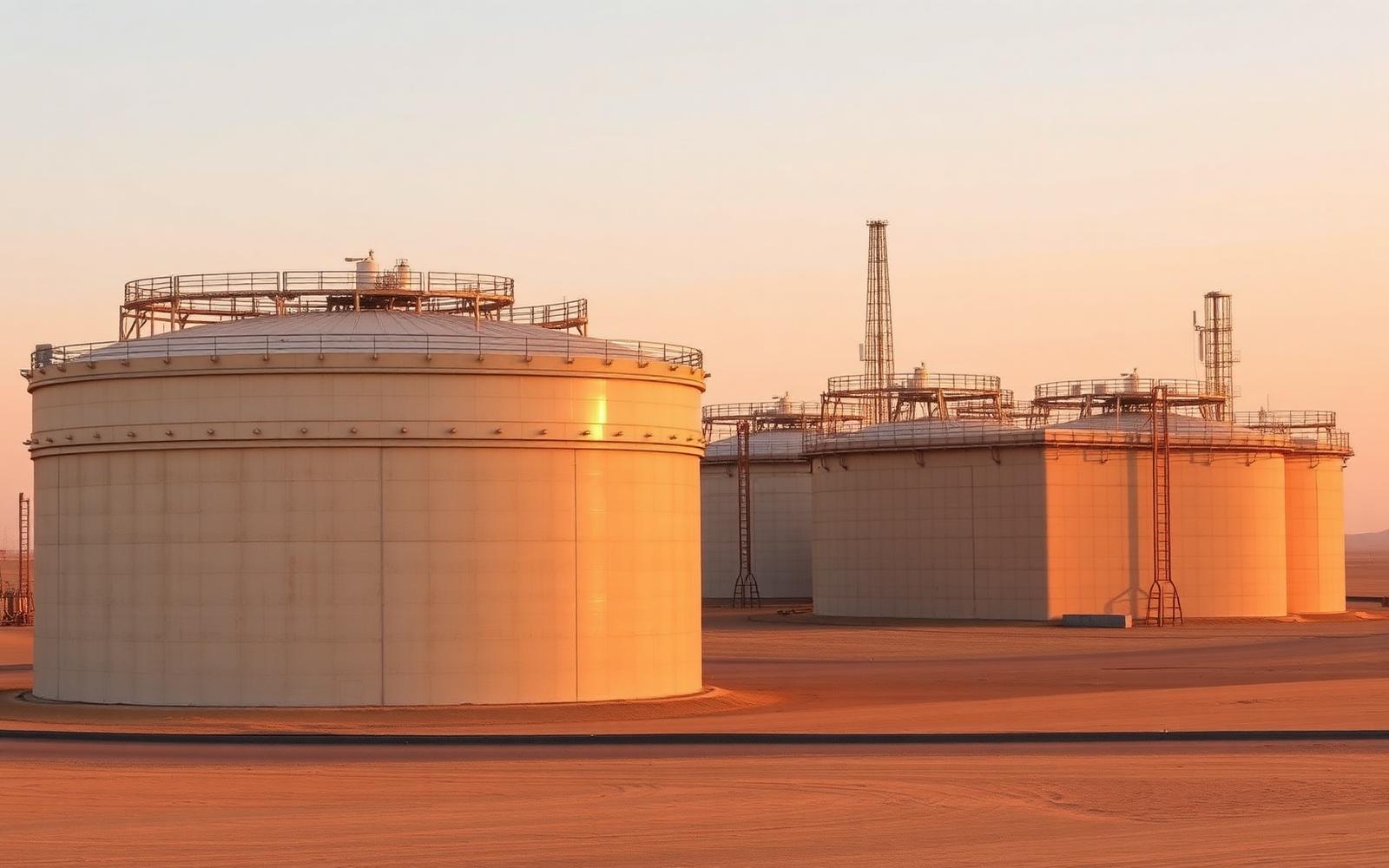 Crude oil storage tanks at a desert terminal